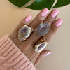 Freeform faceted geode with amethyst crystals ring