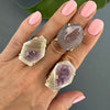 Freeform faceted geode with amethyst crystals ring