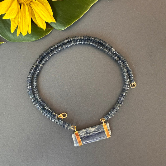 Blue kyanite beaded necklace with raw kyanite connector