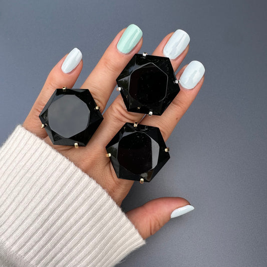 Black obsidian hexagon ring