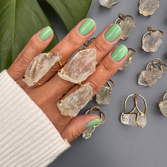 Large raw green amethyst gem ring