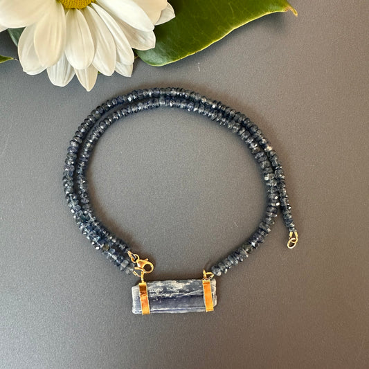 Blue kyanite beaded necklace with raw kyanite connector