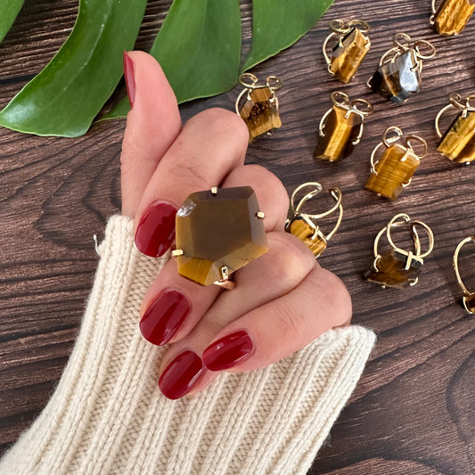 Freeform faceted tiger's eye ring