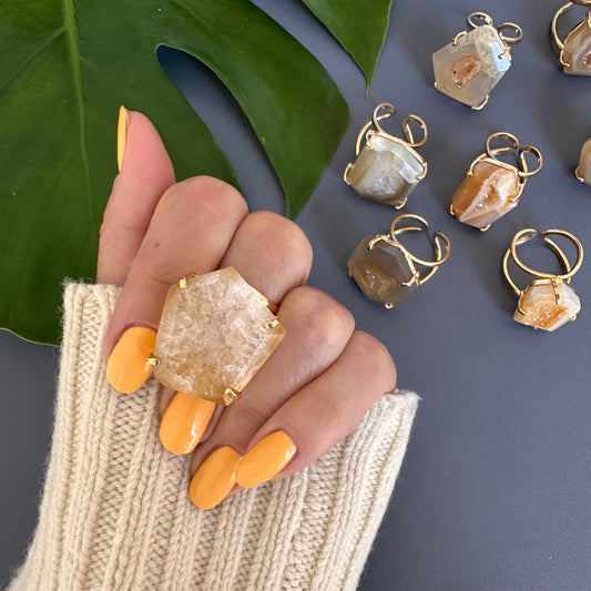 Freeform faceted yellow druzy geode ring