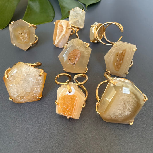 Freeform faceted yellow druzy geode ring